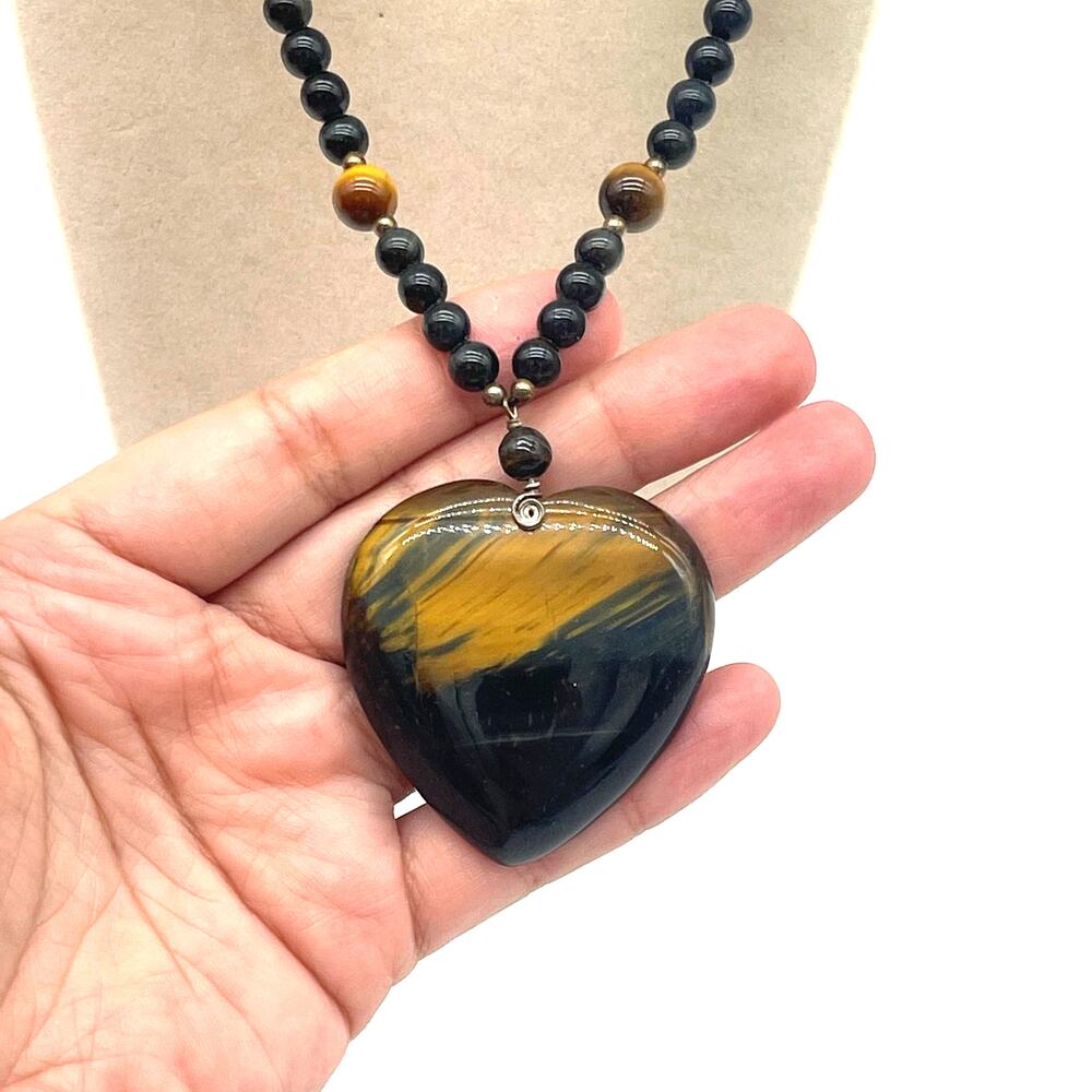 Tigers Eye Heart Pendant Beaded Necklace 16" - Picture 2 of 5